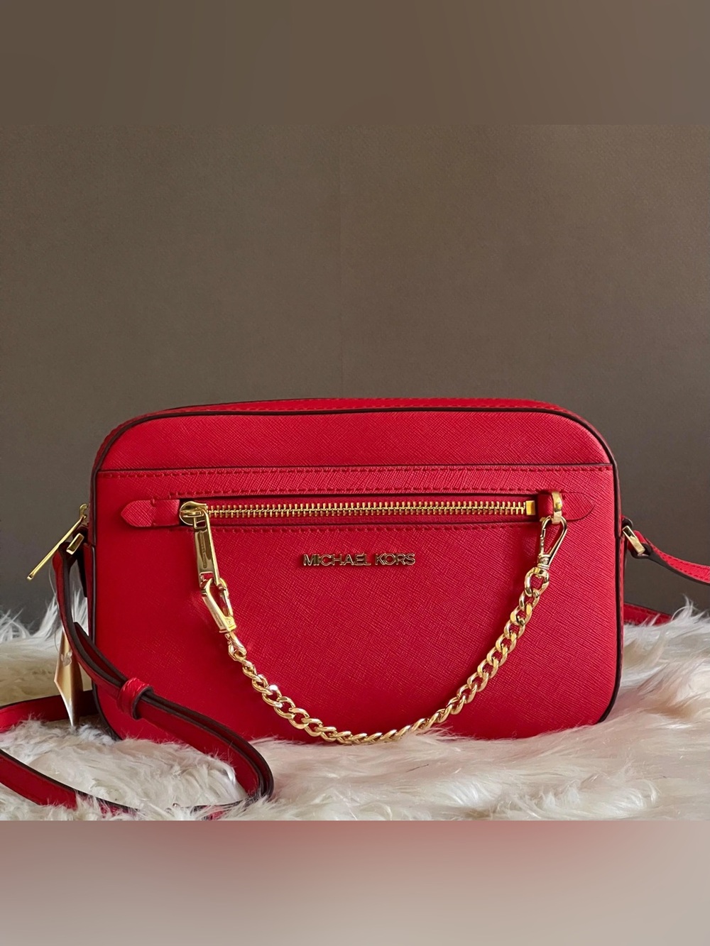 Michael Kors Red Saffiano Crossbody with Gold Chain Accents